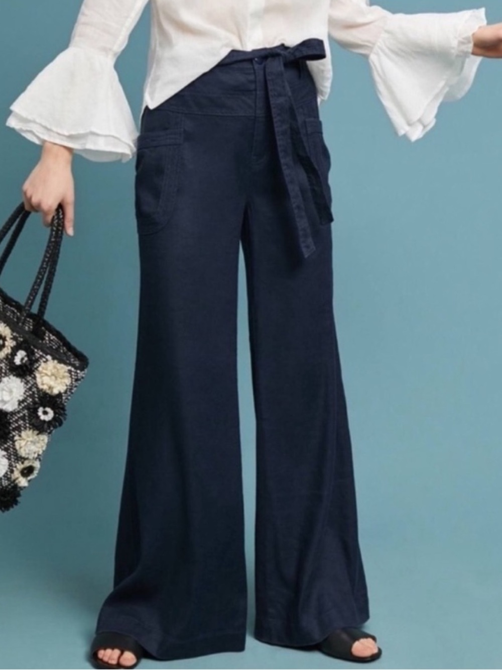Anthropologie Linen Wide Leg Belted Pants 29